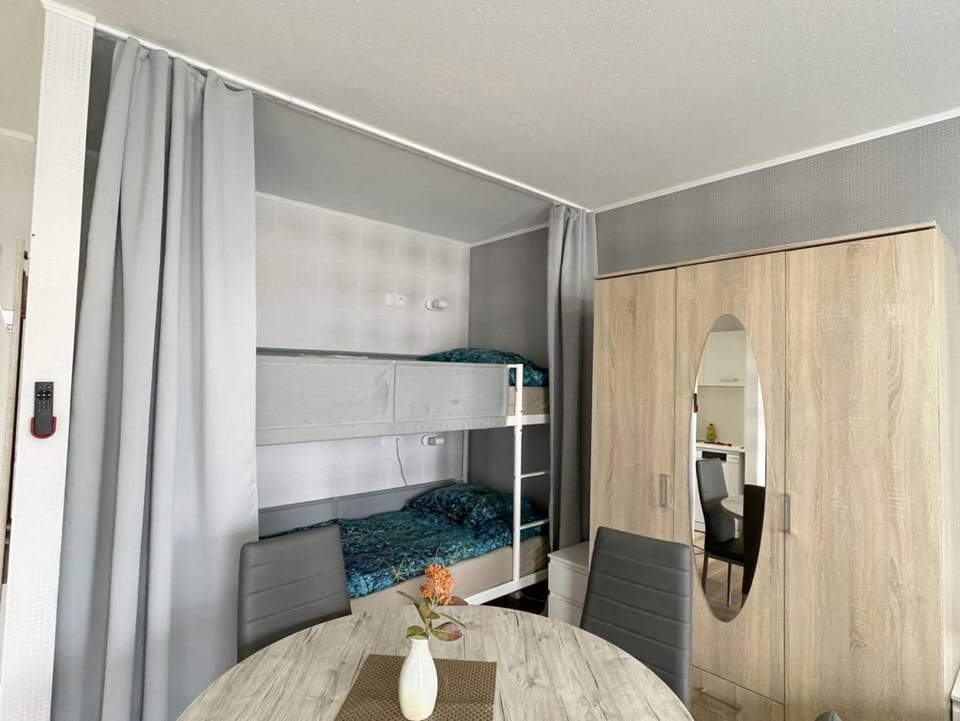Bed, wardrobe