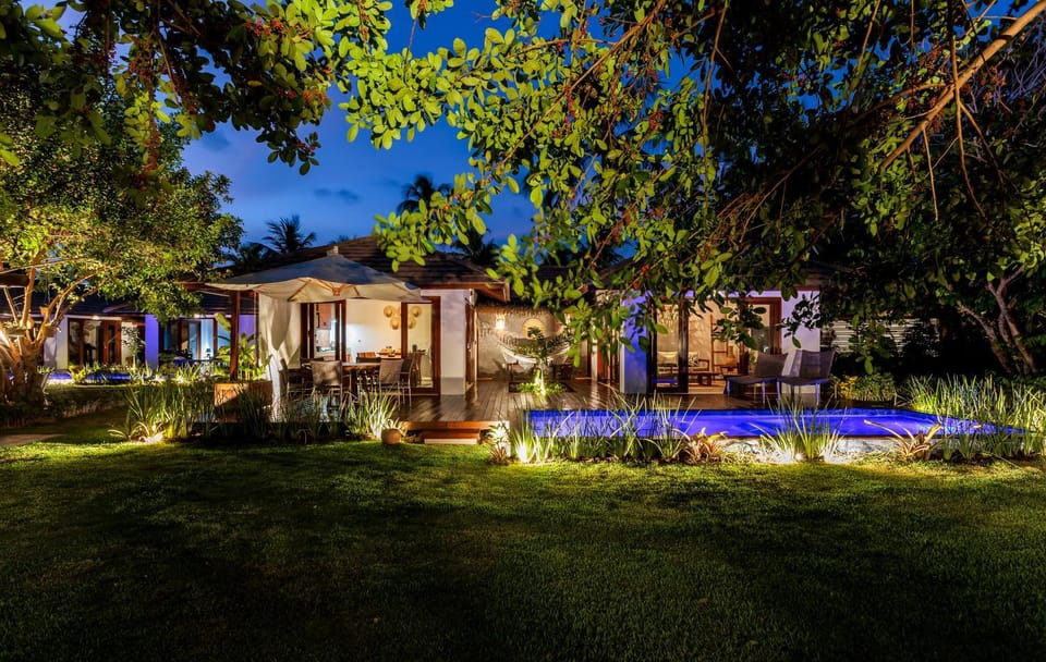 Property building, Night, Natural landscape, Garden, Garden view, Pool view, Swimming pool