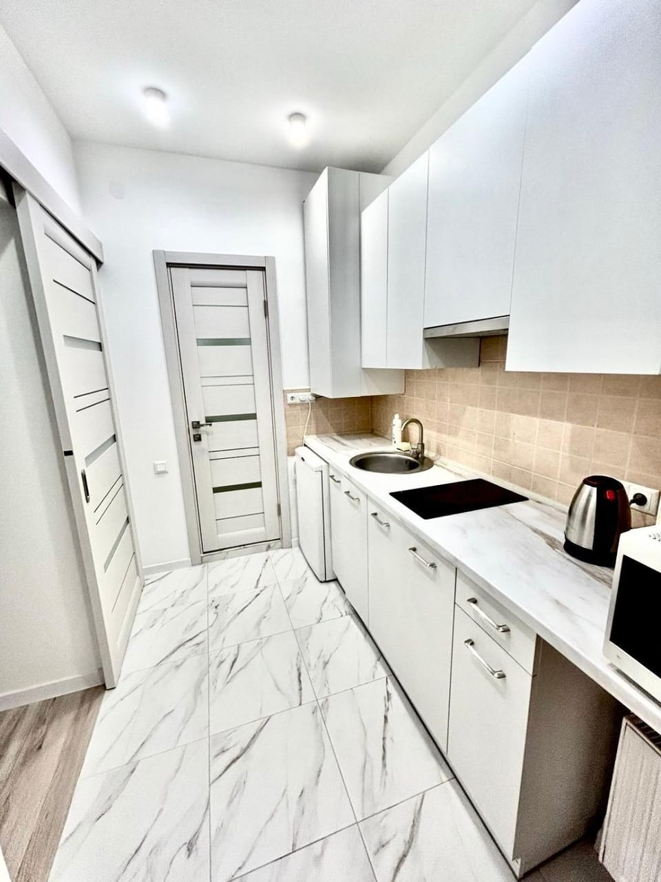 Kitchen or kitchenette, stove