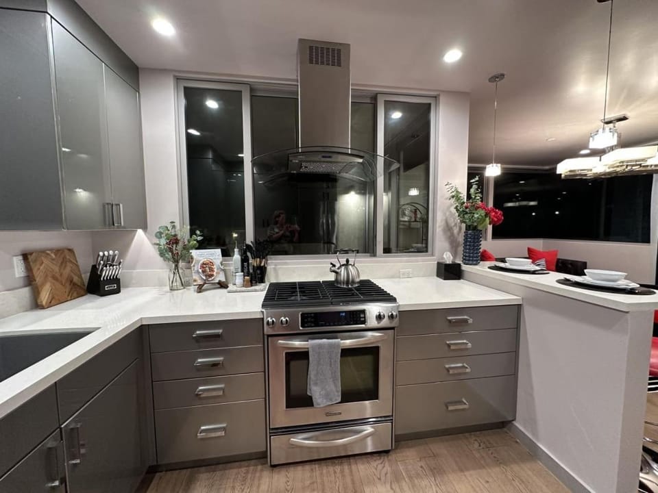 Kitchen or kitchenette, dishwasher, stove