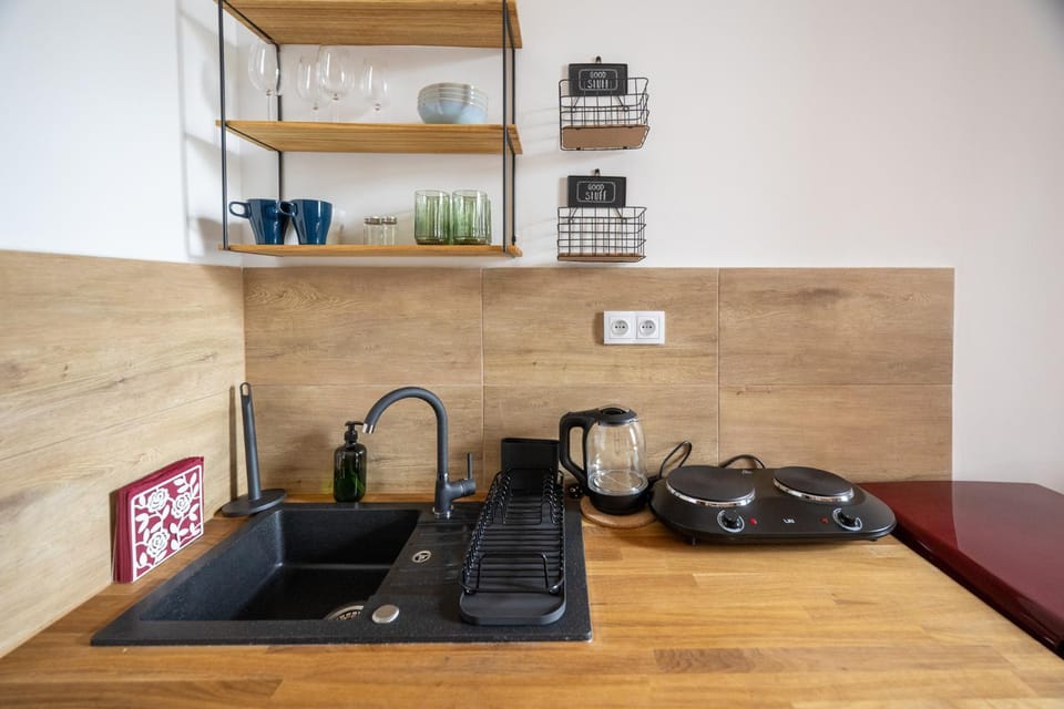 Kitchen or kitchenette, stove