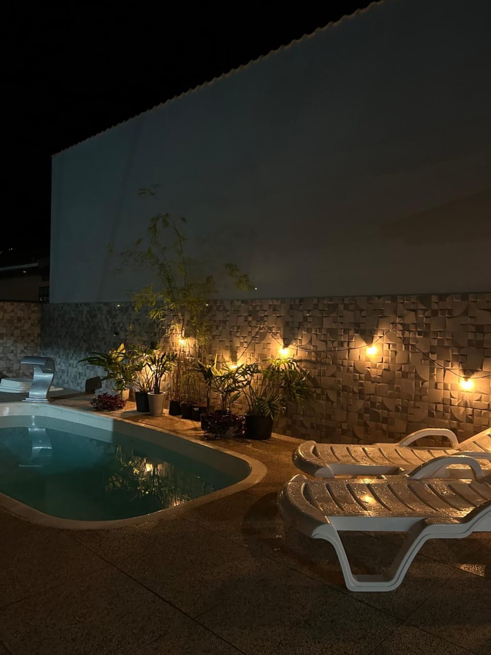 Patio, Night, Natural landscape, Pool view, Swimming pool, Swimming pool, sunbed