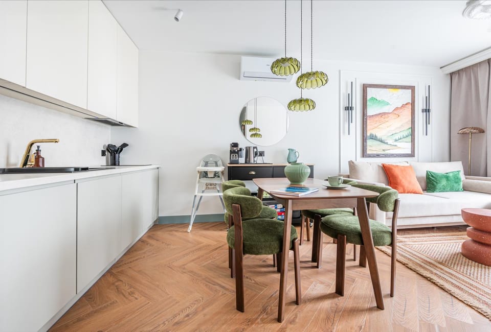 Kitchen or kitchenette, Living room, Dining area, air conditioner