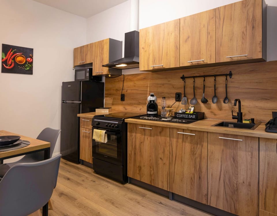 Dining area, microwave, stove, kitchen