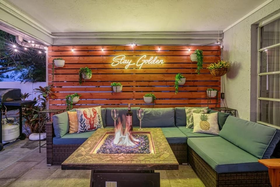 Patio, Living room, Seating area, Pool view, fireplace