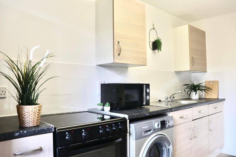 Kitchen or kitchenette, oven, stove, washing machine