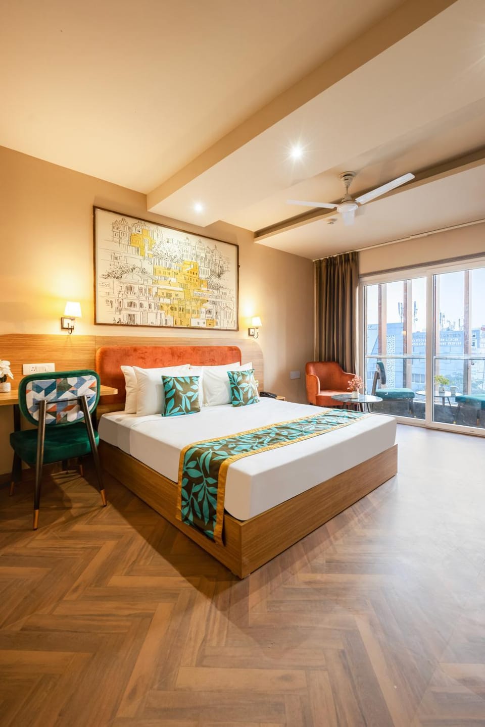 Bed, View (from property/room), Balcony/Terrace, Photo of the whole room, Decorative detail, Seating area, Bedroom, City view