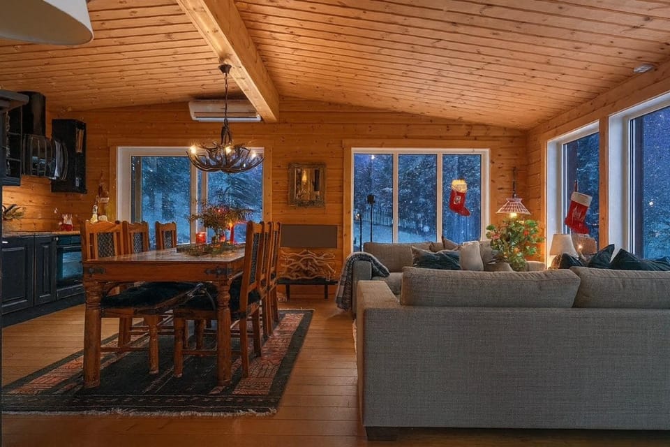 Kitchen or kitchenette, Living room, Seating area, Dining area