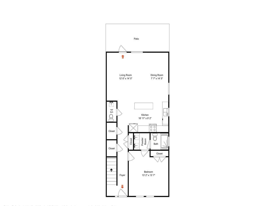 Patio, Bathroom, Kitchen or kitchenette, Living room, Floor plan, Dining area, Bedroom