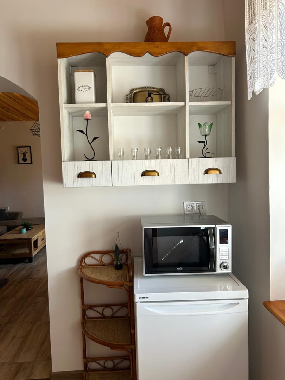Kitchen or kitchenette, microwave