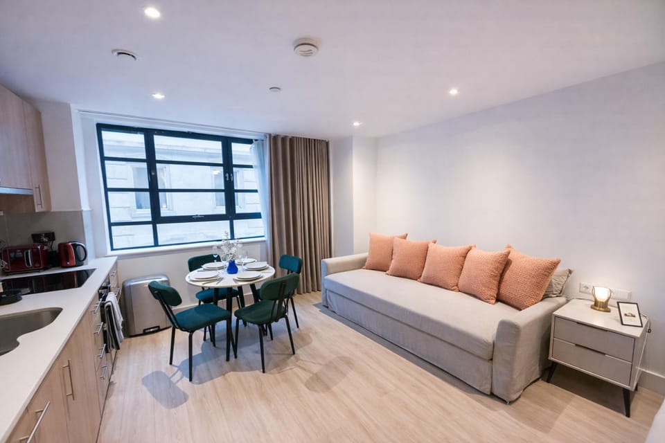 Kitchen or kitchenette, Living room, Seating area, Dining area, microwave, oven, storage, stove, toaster, kitchen
