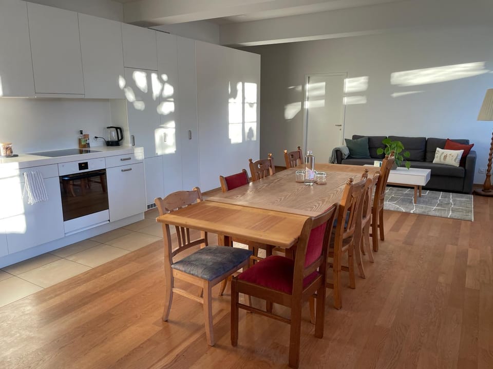Kitchen or kitchenette, Living room, Seating area, Dining area, stove