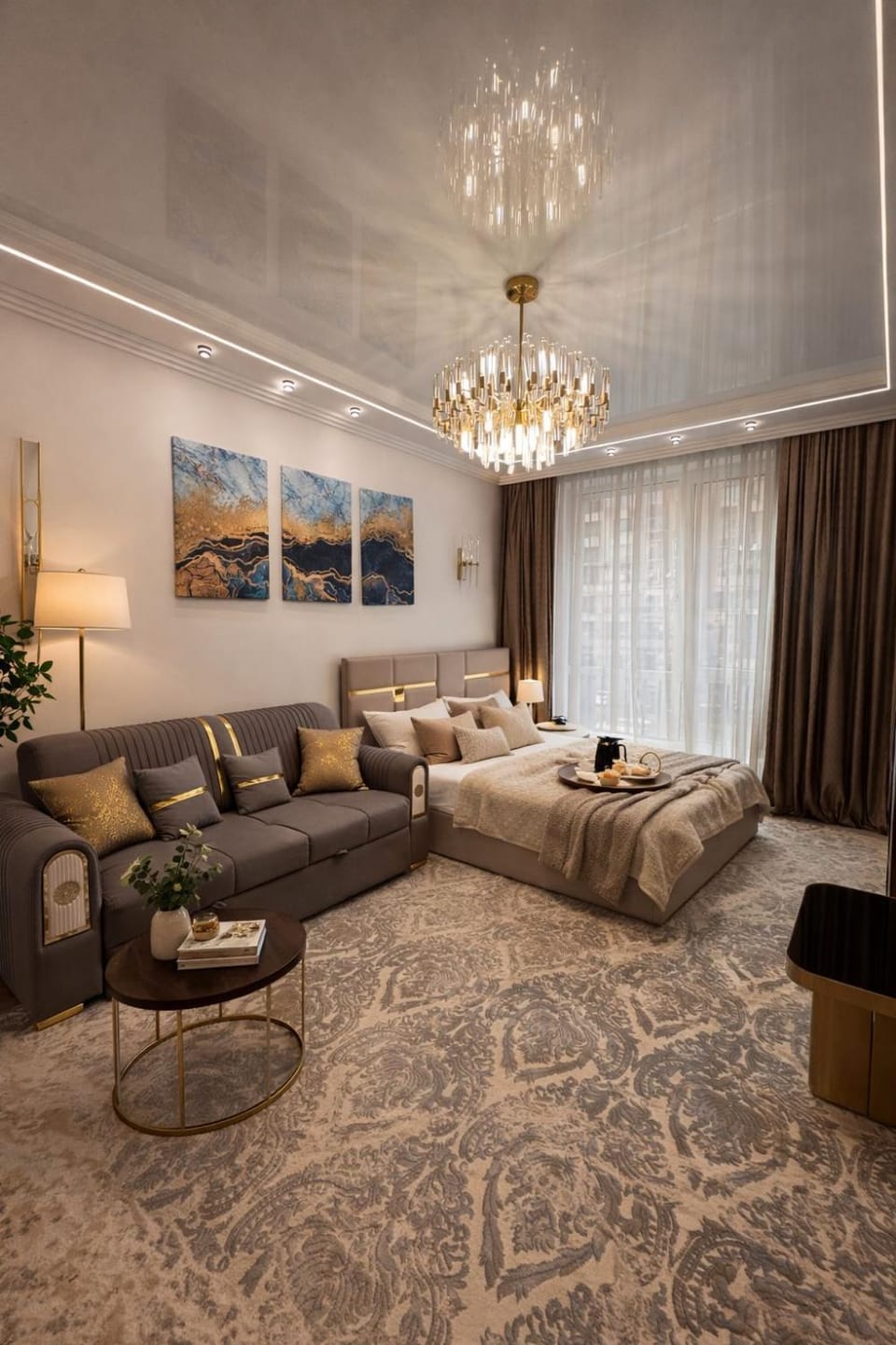Bed, Living room, Seating area, Bedroom