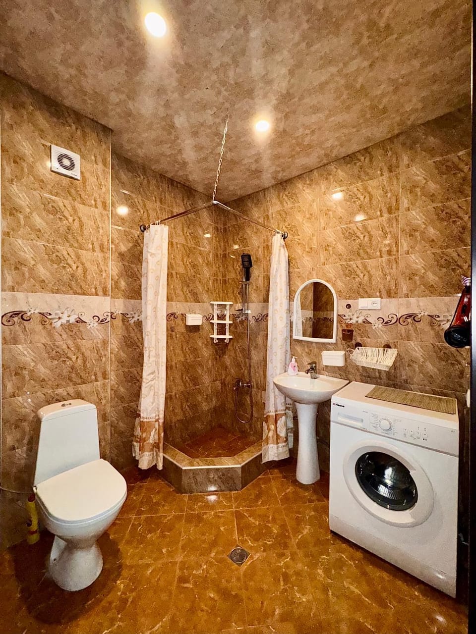 Shower, Toilet, Bath, towels, washing machine, dryer