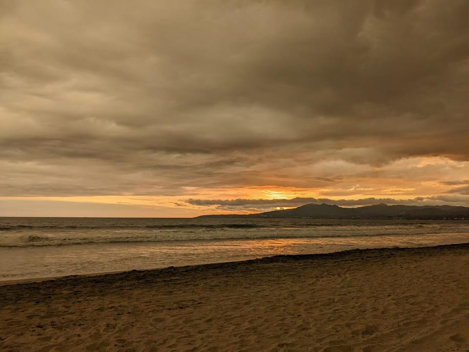 Beach, Mountain view, Sea view, Sunset