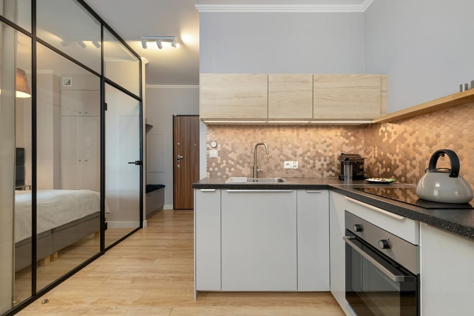 Kitchen or kitchenette, stove