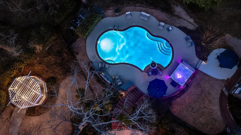 Night, Bird's eye view, Swimming pool