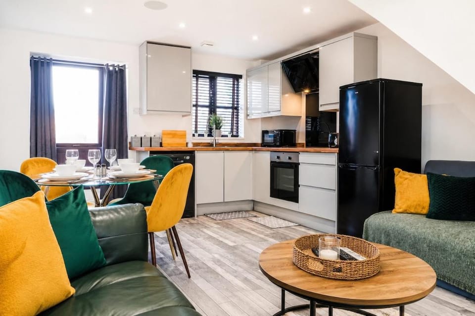 Kitchen or kitchenette, Living room, Dining area, microwave, oven, stove