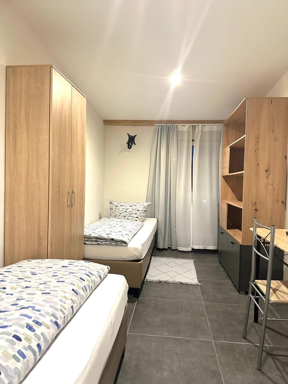 Bed, wardrobe