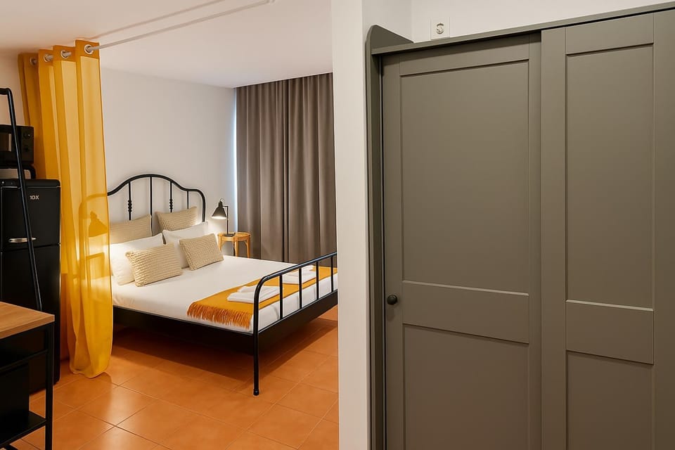 Bed, wardrobe