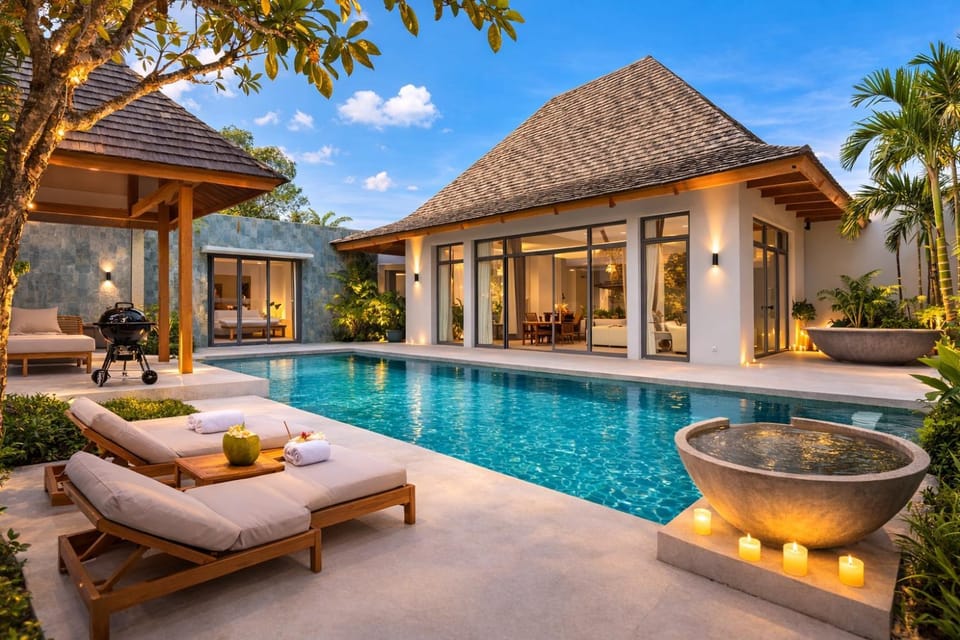 Property building, Patio, Day, Natural landscape, Garden, Garden view, Pool view, Swimming pool, sunbed