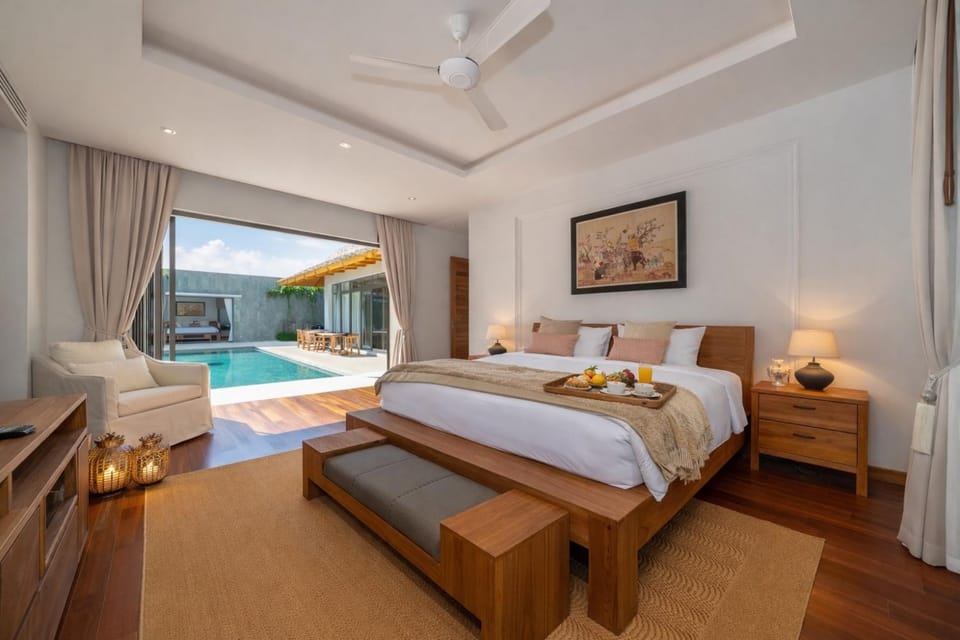 Bed, Natural landscape, TV and multimedia, Living room, Photo of the whole room, Seating area, Bedroom, Pool view, Swimming pool, sunbed