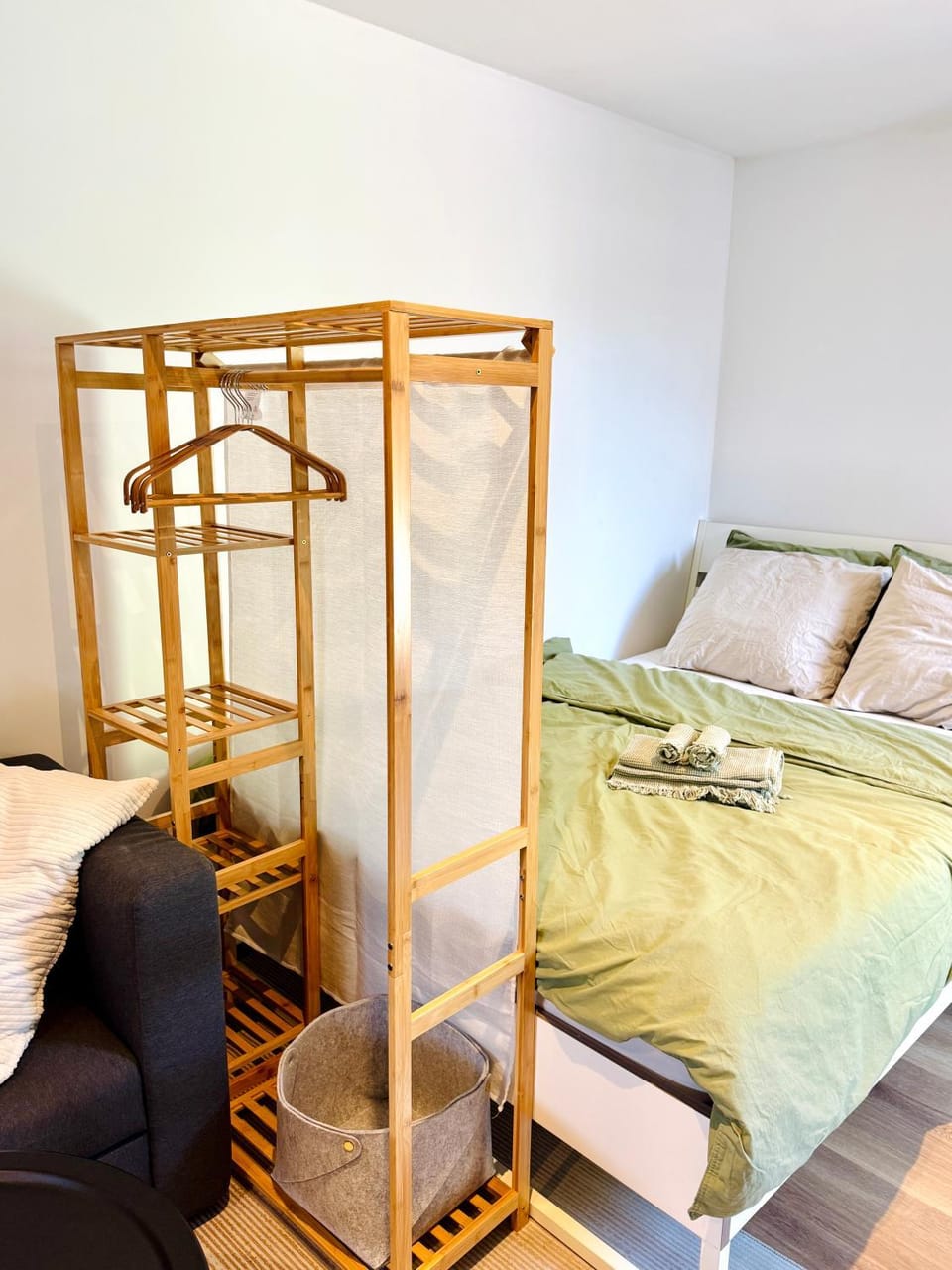 Bed, wardrobe