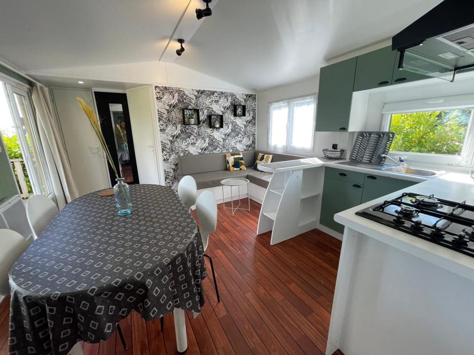 Kitchen or kitchenette, Living room, Seating area, Dining area, stove