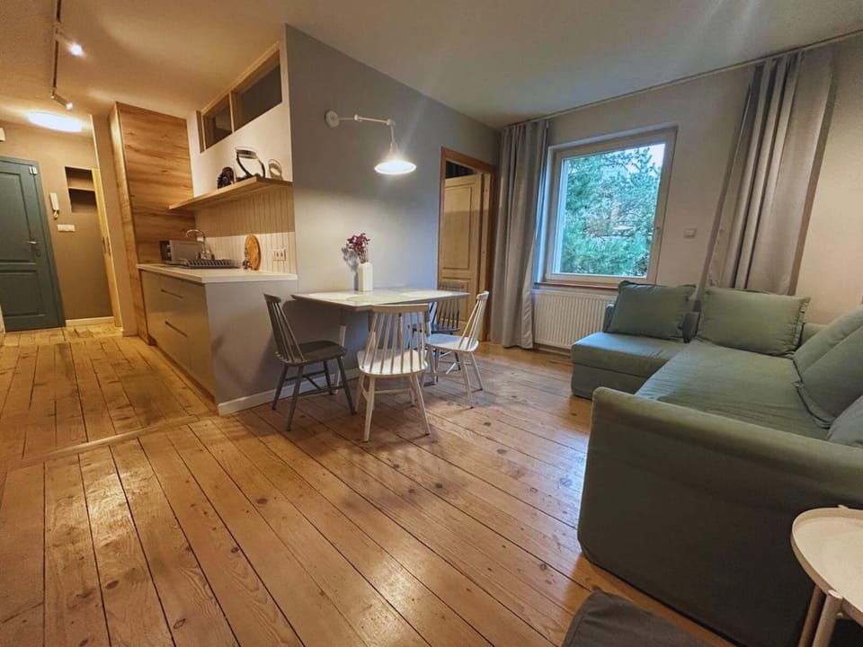 Kitchen or kitchenette, Living room, Seating area, Dining area