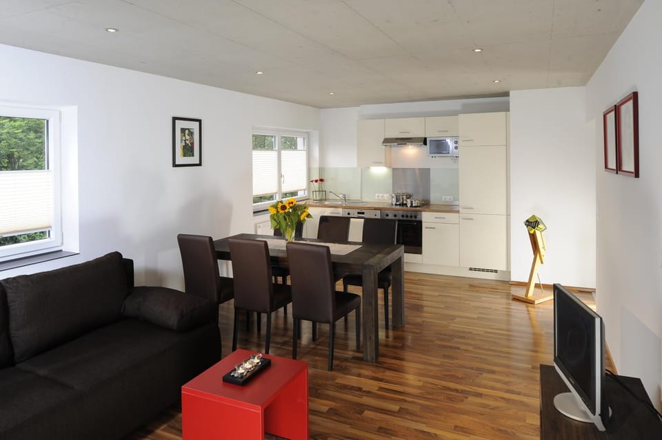 Kitchen or kitchenette, Living room, Seating area, Dining area