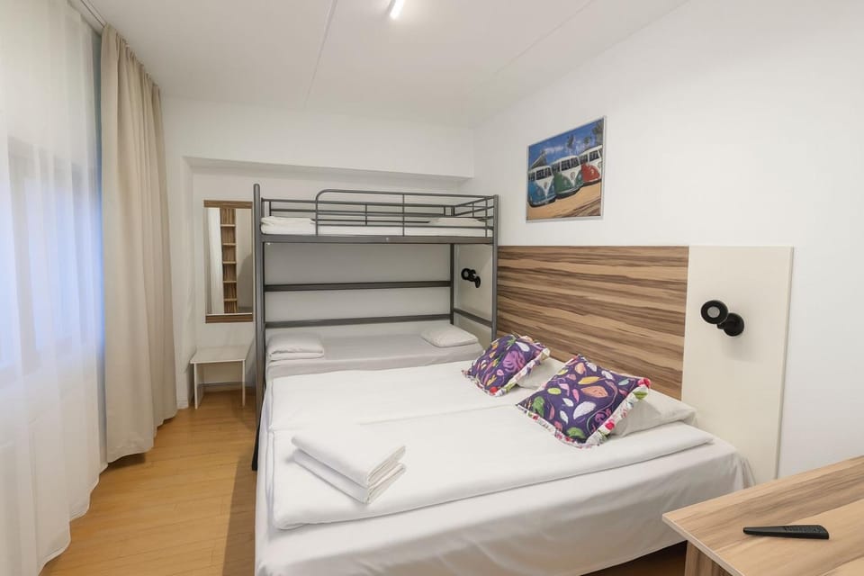 Bed, Photo of the whole room, Bedroom, bunk bed, towels, wardrobe