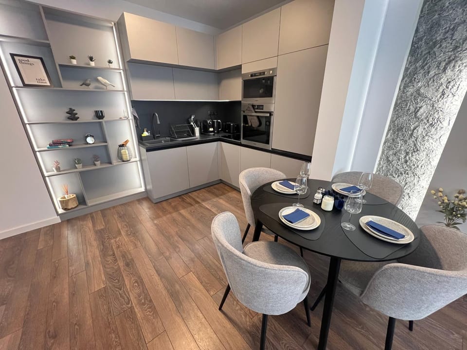 Dining area, dishwasher, microwave, oven, kitchen