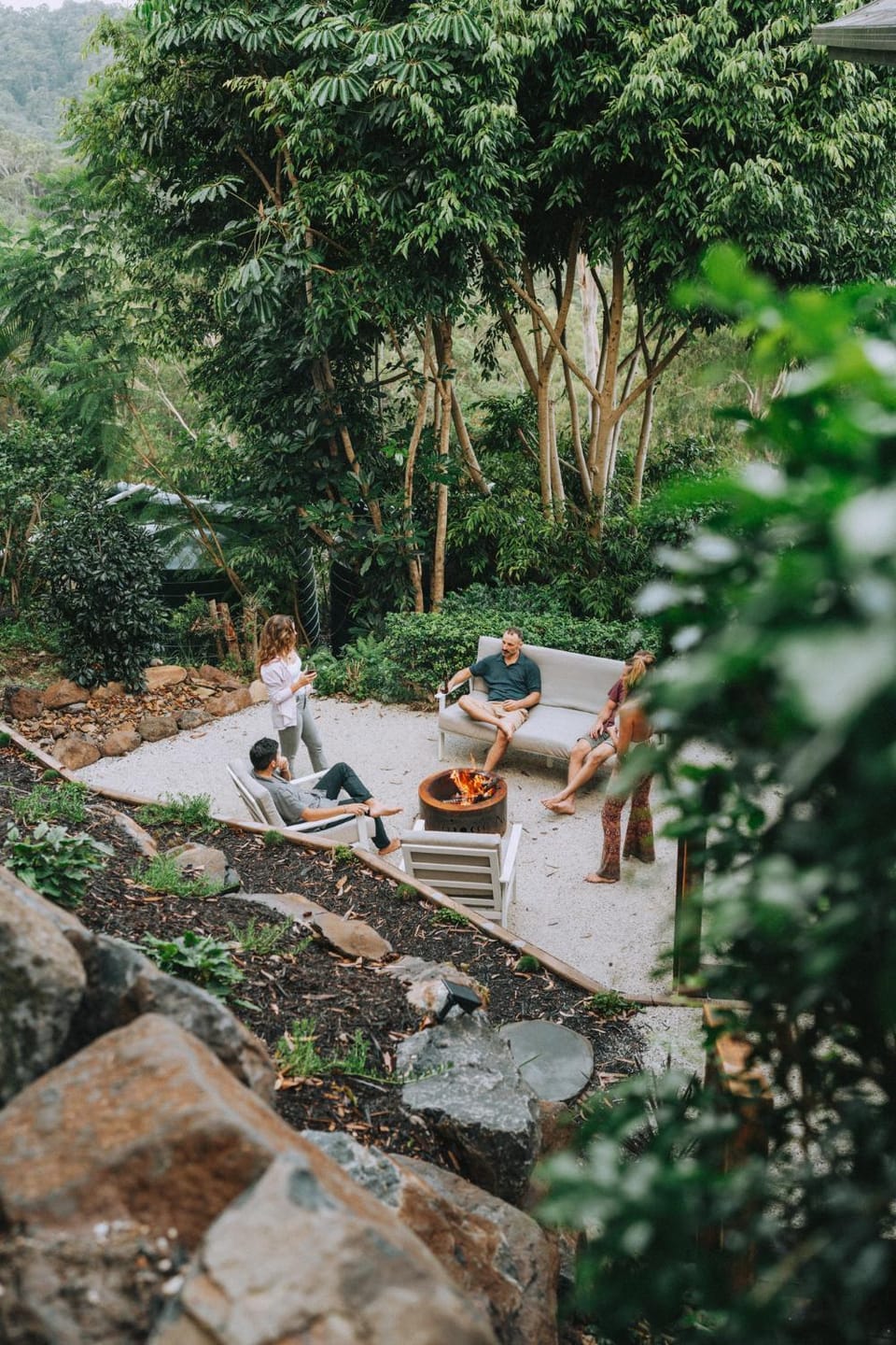 Natural landscape, Garden, Seating area, Garden view, group of guests, fireplace