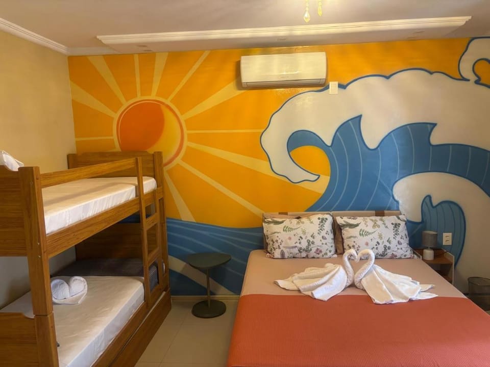 Bed, Photo of the whole room, Bedroom, bunk bed, towels, air conditioner