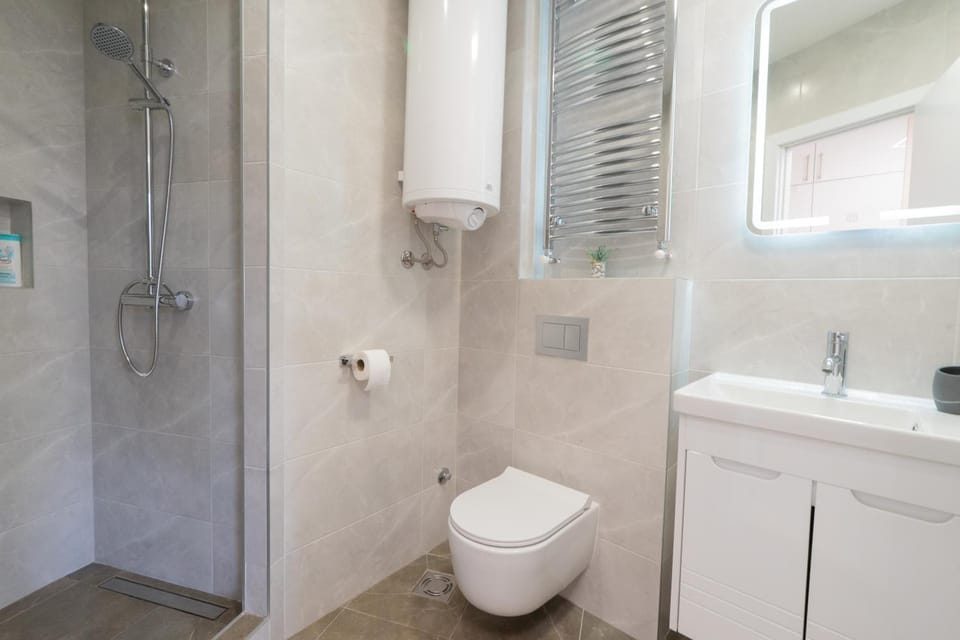 Shower, Toilet, Bathroom, hair dryier, towels