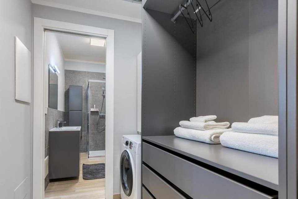 Shower, Bathroom, Photo of the whole room, towels, washing machine
