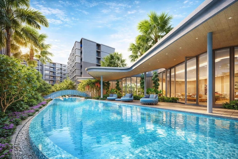 Property building, Garden, Swimming pool, sunbed