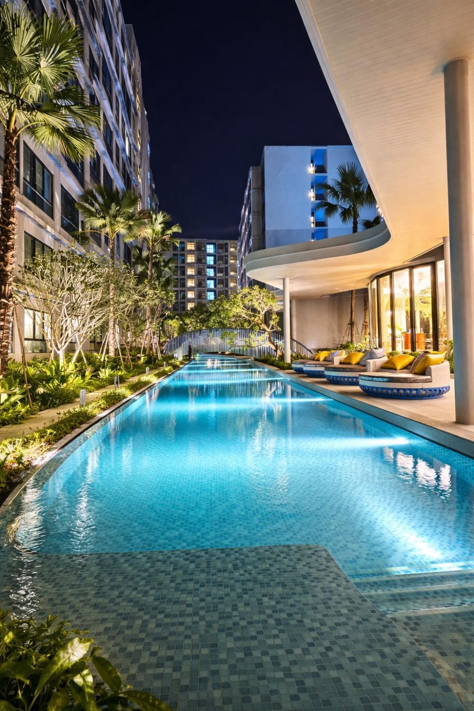 Property building, Night, Swimming pool