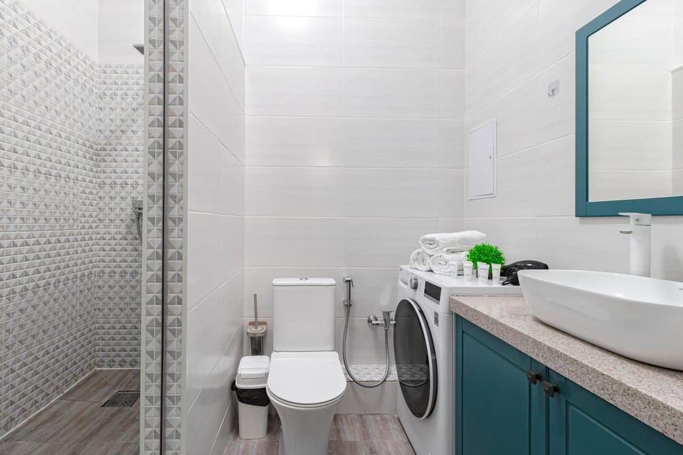 Shower, Toilet, towels, washing machine