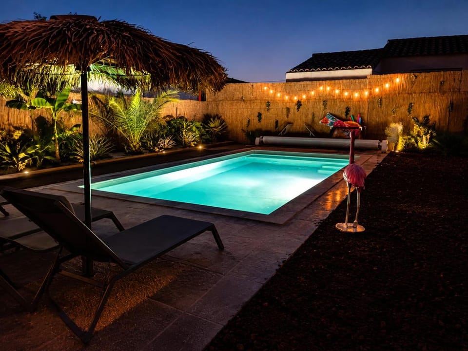 Night, Pool view, Swimming pool