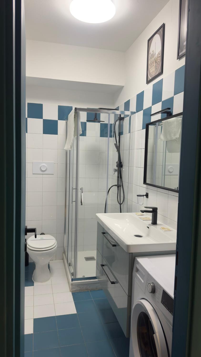 Shower, Toilet, Bathroom, towels, washing machine, dryer