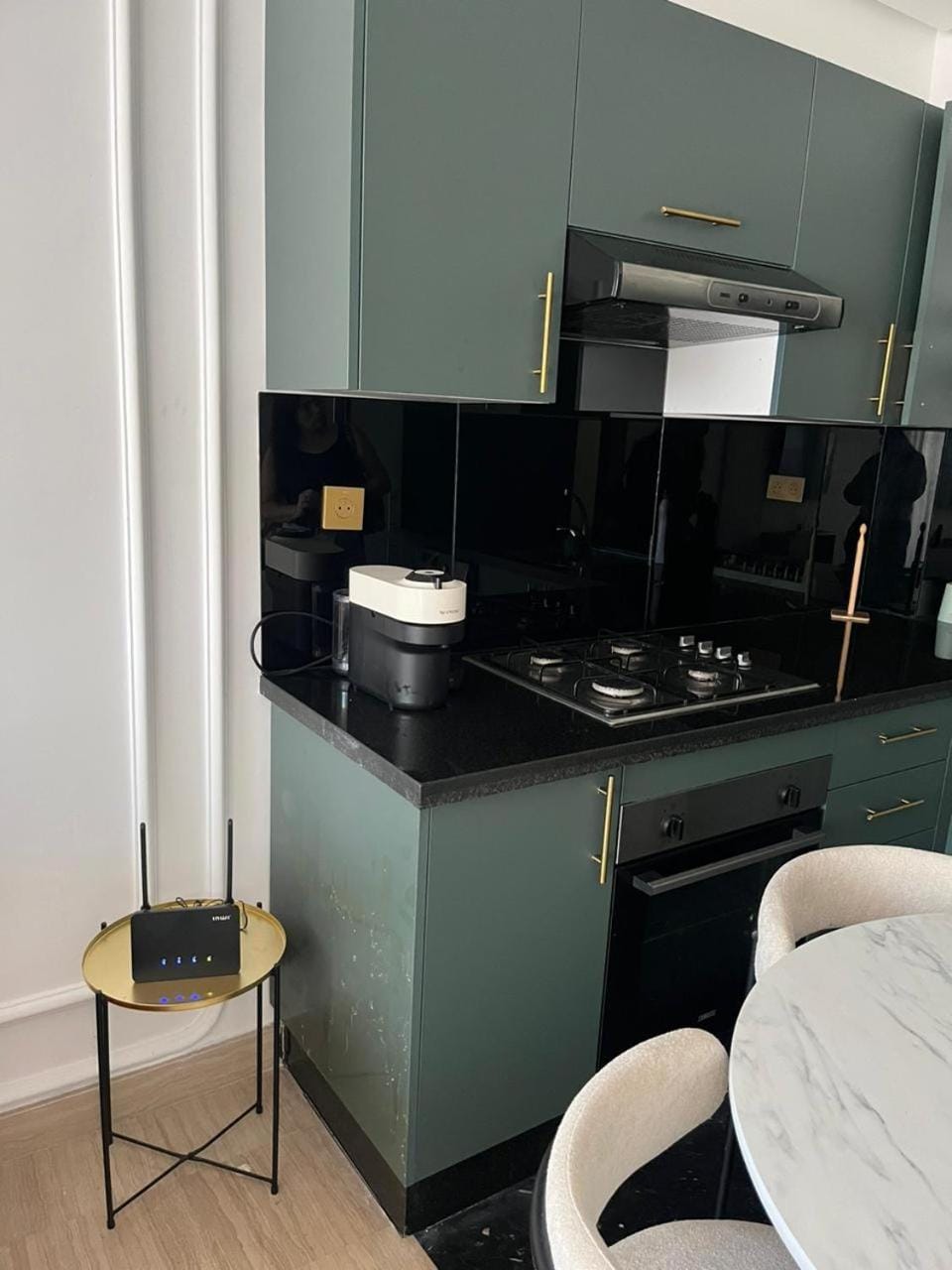 Kitchen or kitchenette, stove