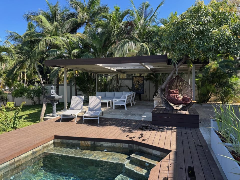 Natural landscape, Garden, Garden view, Pool view, Swimming pool, sunbed