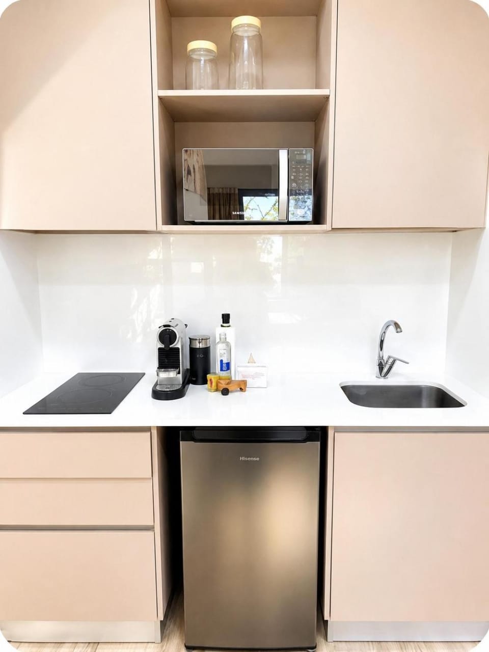 Kitchen or kitchenette, microwave