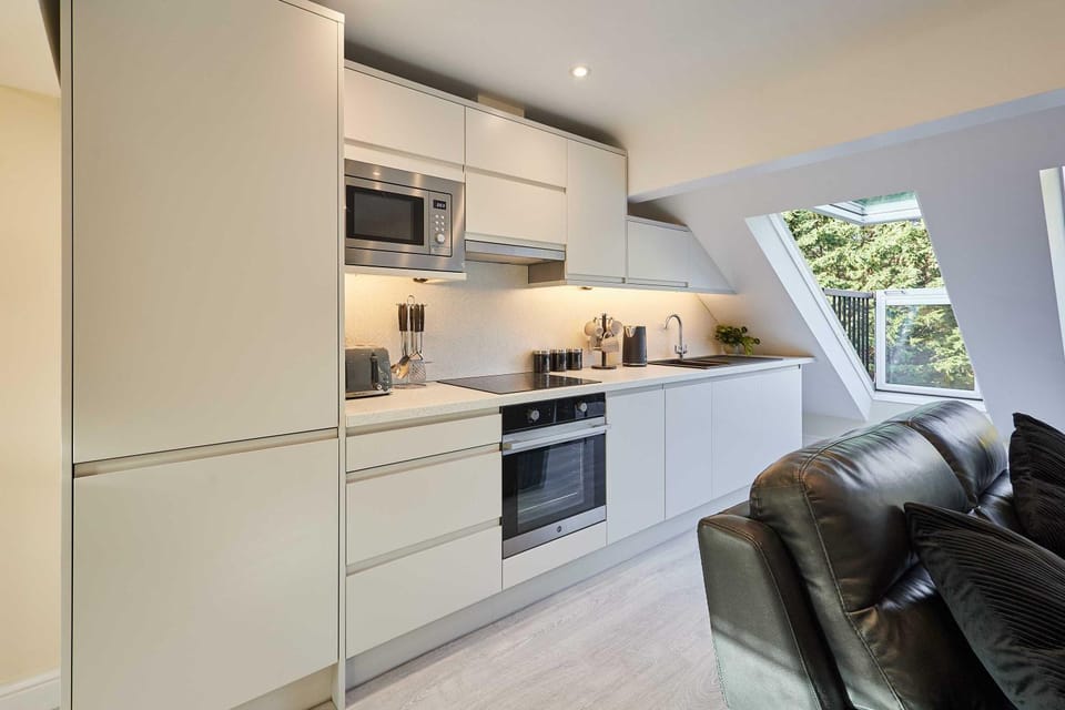 Kitchen or kitchenette, Living room, Seating area, dishwasher, oven, stove, toaster