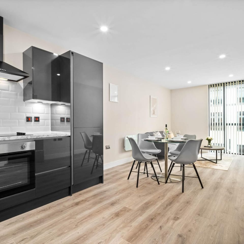 Kitchen or kitchenette, Living room, Dining area, stove
