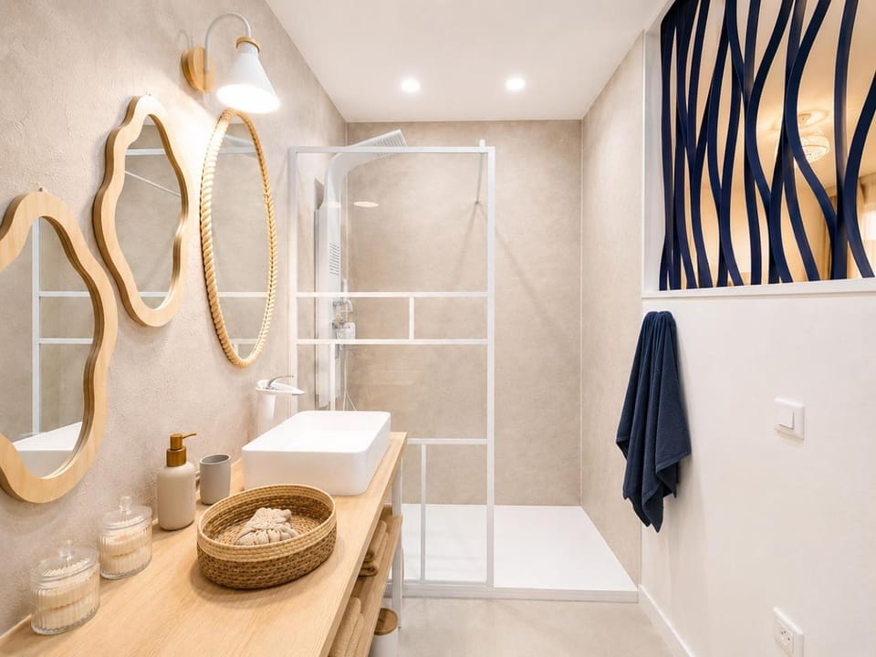 Shower, Bathroom, flat iron, towels, washing machine, dryer