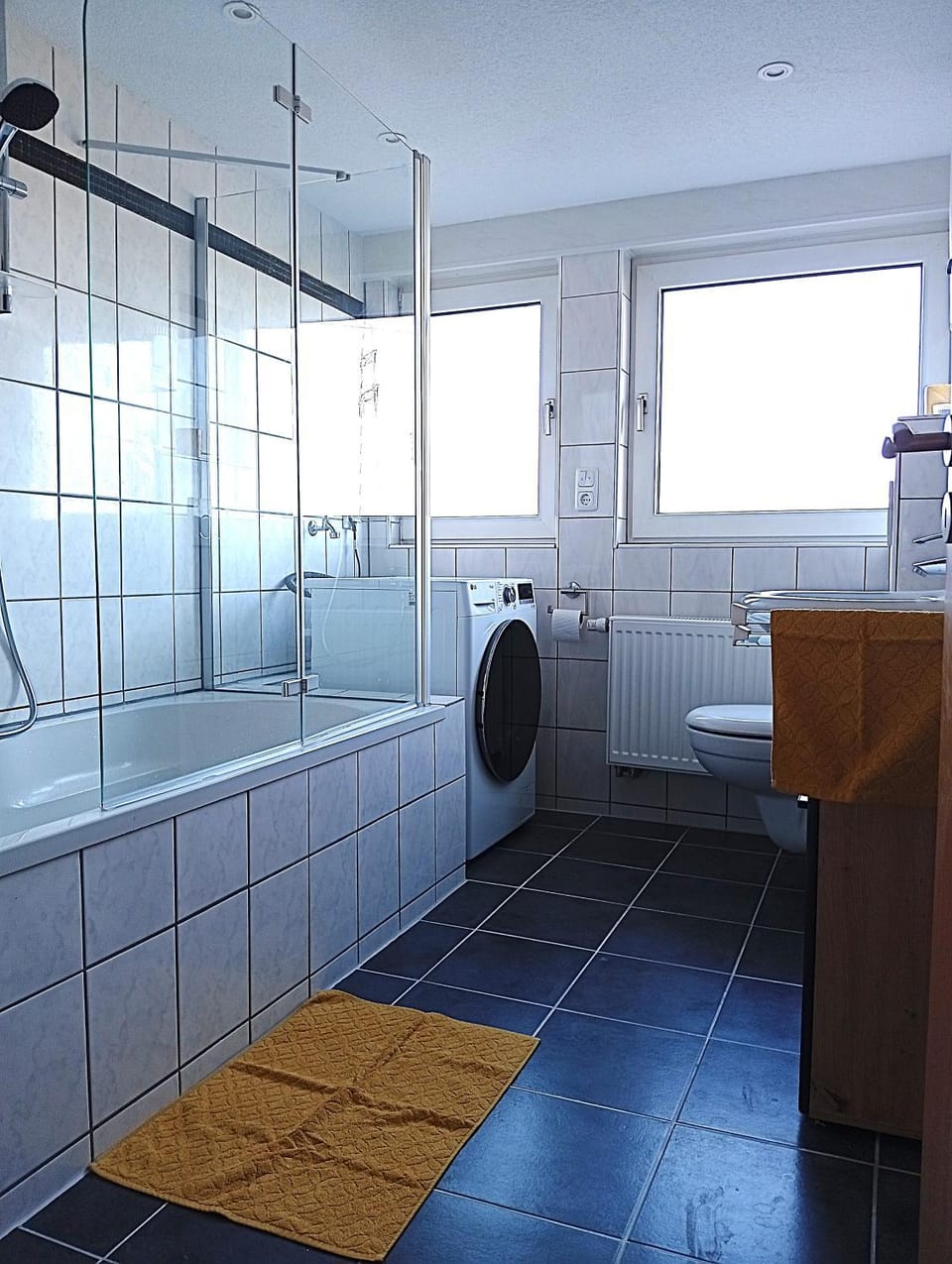 Shower, Toilet, Bathroom, Bath, hair dryier, heating, internet, towels, washing machine, dryer