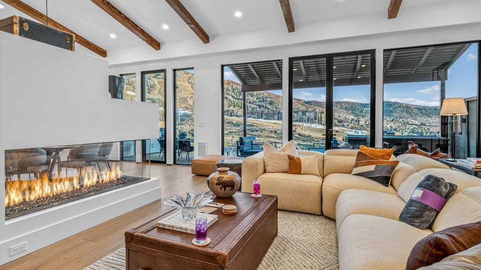 Living room, Mountain view, fireplace