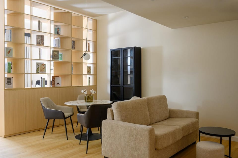 Bed, Living room, Dining area